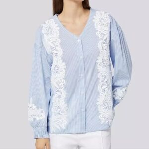 Chevignon France Crochet Light Blue Lace-Trim Button Front Women's Top